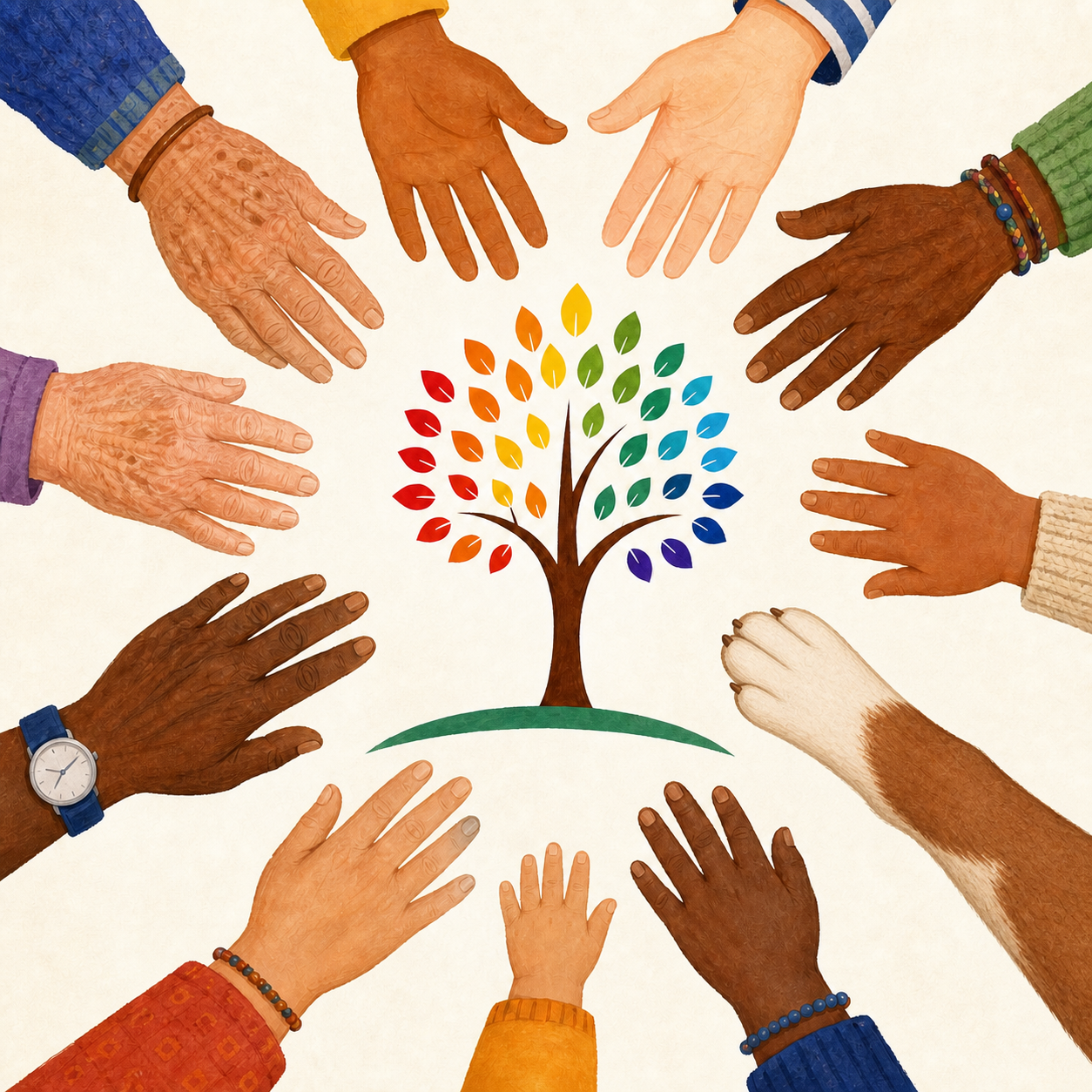 A circle of hands of different ages and skin tones and a dog paw reaching toward the Puptown rainbow tree