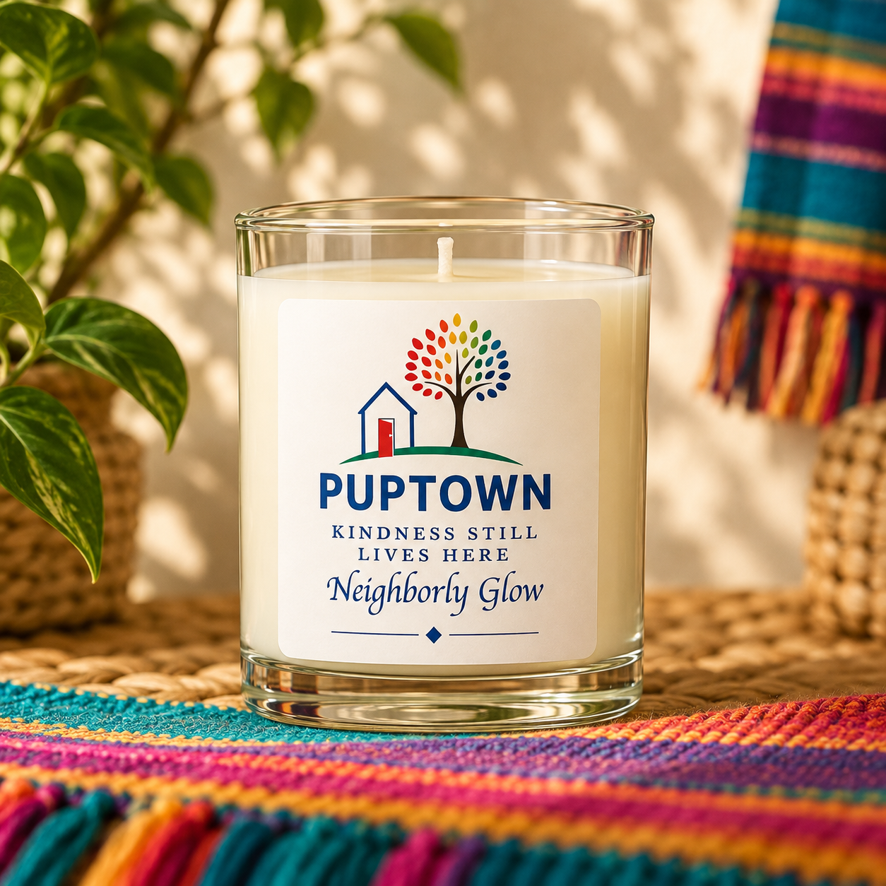Puptown Neighborly Glow candle in a clear glass tumbler